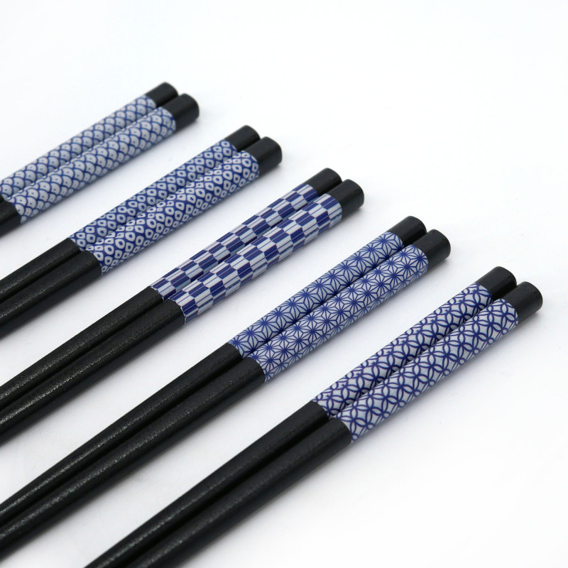 Juego de 5 pares de palillos japoneses negros con motivos azules, AOBAOI, 22,5 cm