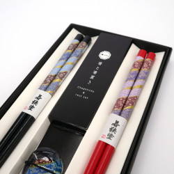 Set de 2 paires de baguettes japonaises et de 2 porte-baguettes en acrylique et résine motif fleur rouge et noire, HANA N°2