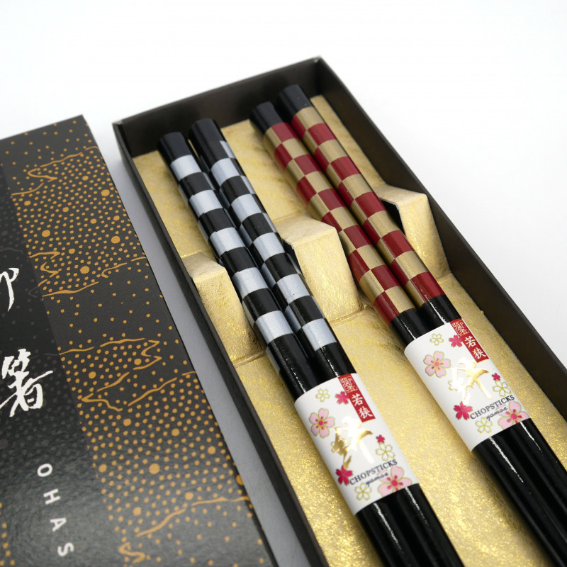 Juego de 2 pares de palillos japoneses rojos y negros, MOYO, 23cm