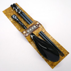 Ensemble paire de baguettes  et cuillère en acrylique et résine noir assortis, Fleur de Cerisier, SAKURA NO HANA KURO