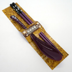 Ensemble paire de baguettes  et cuillère en acrylique et résine violet assortis, Fleur de Cerisier, SAKURA NO HANA MURASAKINO