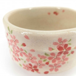 Bol japonais à cérémonie du thé - chawan, beige, fleurs roses, SAKURA