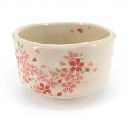 Japanische Teezeremonie Schüssel - Chawan, beige, rosa Blumen, SAKURA