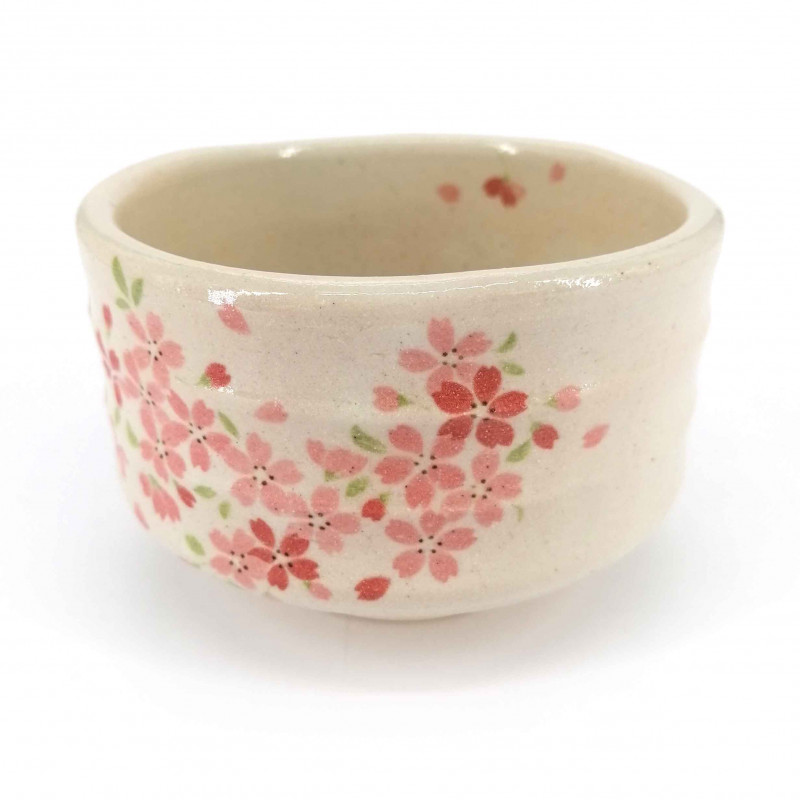 Bol japonais à cérémonie du thé - chawan, beige, fleurs roses, SAKURA