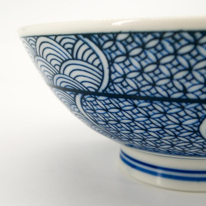 Japanese ceramic rice bowl, white and blue traditional pattern, BAKUZEN