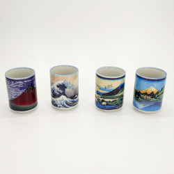 Set of 4 Japanese ceramic cups, landscapes, FUKEI