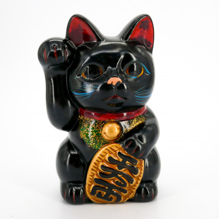 Riesige schwarze Katze mit rechter Pfote angehoben Manekineko Japanisches Sparschwein, NEKO KURO