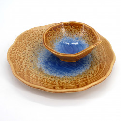 Japanese TEMPURA round plate with matching bowl, MOKUME, blue/yellow