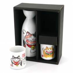 Japanese traditional sake service, 2 cups and 1 bottle, NEKO