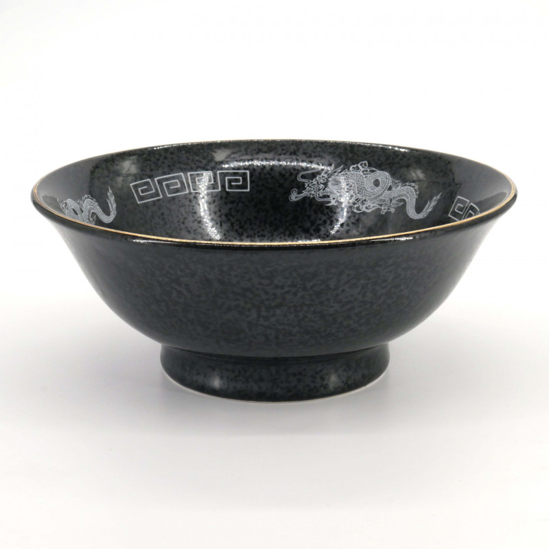 Japanese black ceramic ramen bowl, white dragon, DORAGON