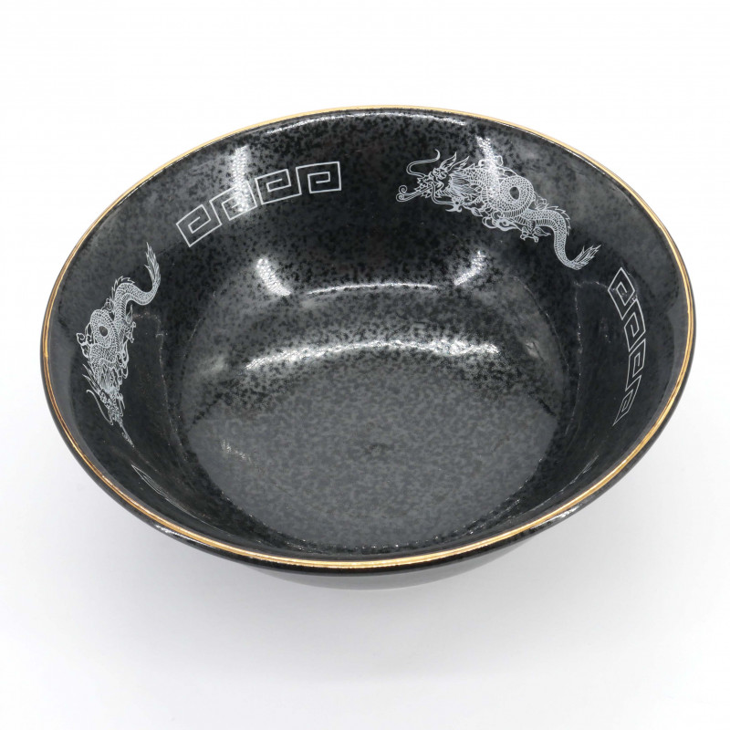 Japanese black ceramic ramen bowl, white dragon, DORAGON