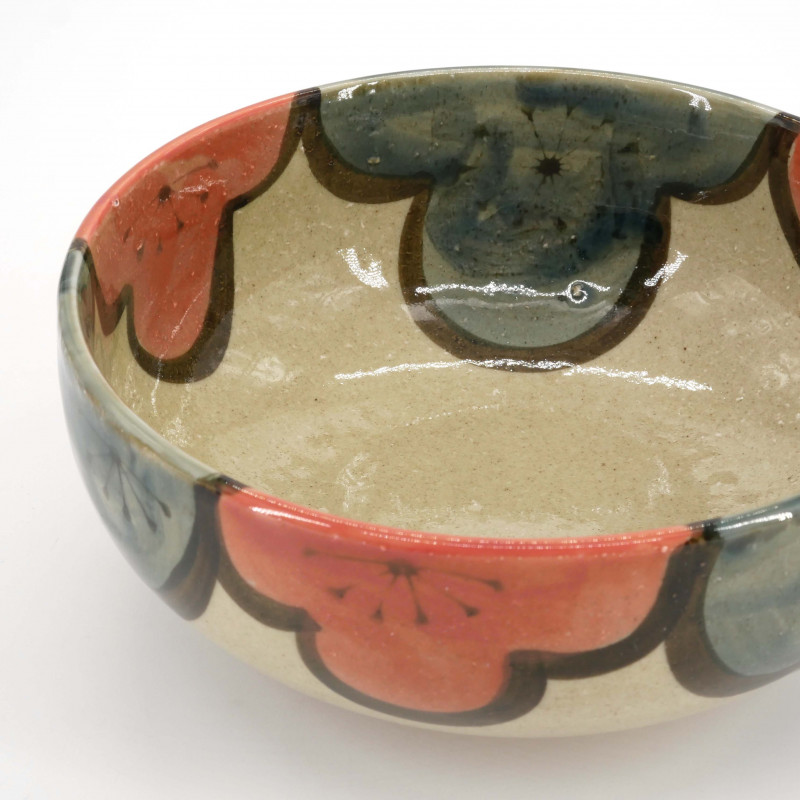 Cuenco japonés de cerámica beige con flores rojas y azules, FURAWAZU AOI AKA