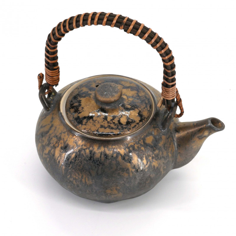 Japanese brown ceramic teapot with bronze effect handle