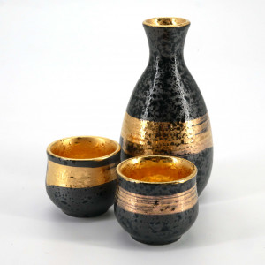 sake service with 2 cups, KUROGANE KIN HAKEME, black and gold