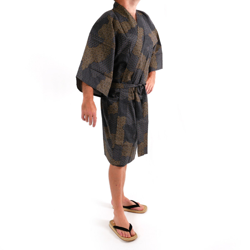 Kimono japonés happi en algodón negro, KUMO, nubes