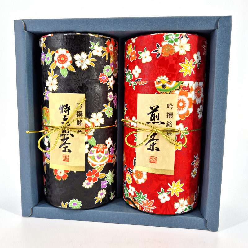 Dúo de botes de té japonés rojo y negro cubiertos con papel washi, HANAYOSE, 200 g