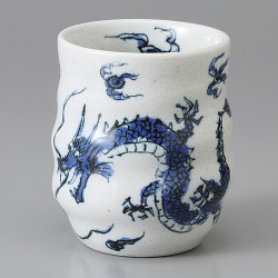 Taza blanca japonesa, estampado de dragón, azul, RYU