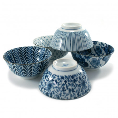 Conjunto de 5 cuencos japoneses de ramen azul y blanco - BORU SETTO