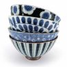 Set of 4 Japanese white ceramic rice bowls, various blue patterns - SAMAZAMANA