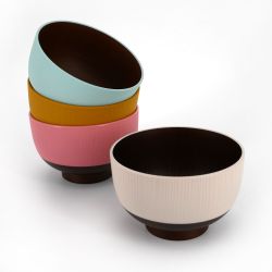 Set mit 4 japanischen weißen, rosa, gelben und blauen Schalen aus Kunstharz aus Holz - KYOGATA - 10.7cm