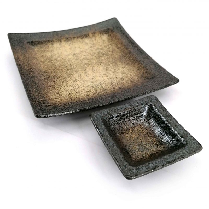 Square ceramic plate with sauce container for tempura - HEIHO