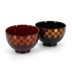 Japanese black and red resin bowl duo with checkerboard pattern - ICHIMATSU - 11x7.2cm