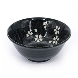 Set of 2 Japanese ceramic bowls beige and black - white petals - SAKURA