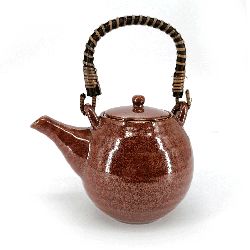 Théière japonaise ronde en céramique avec anse en bambou et filtre, marron, GIN GANRYO