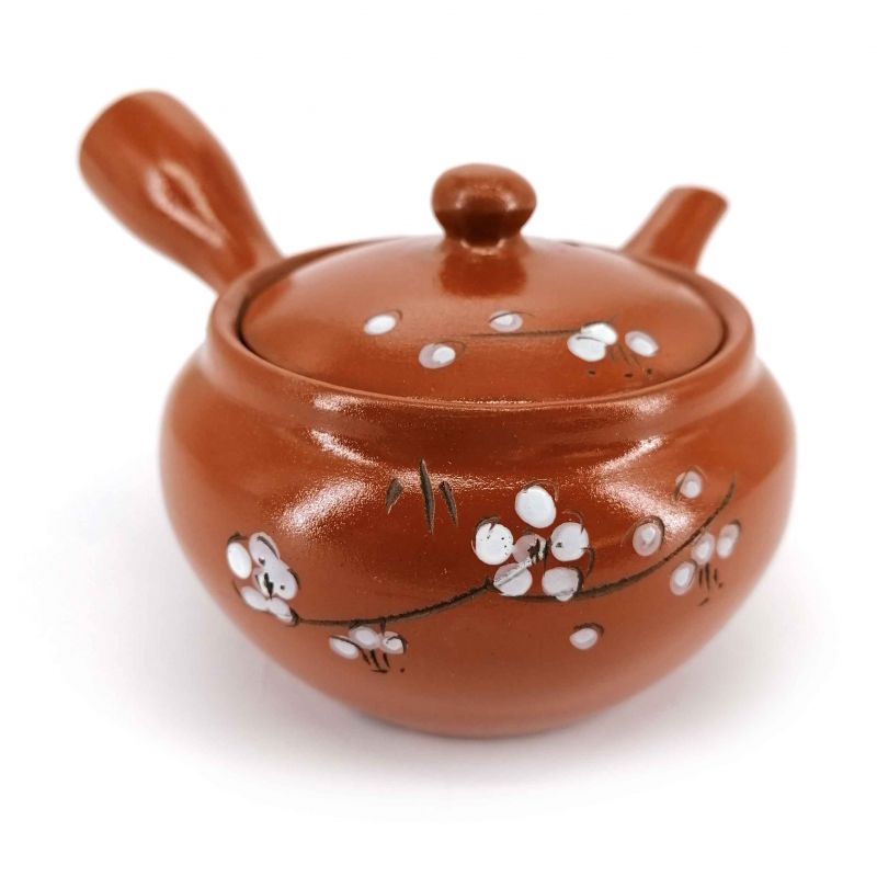 Japanese kyusu ceramic teapot with integrated filter and enamelled interior, brown - SHIROI SAKURA