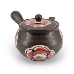 Japanische Kyusu-Keramik-Teekanne mit Filter und emailliertem Interieur, schwarze, große Blüten - OKINA HANA