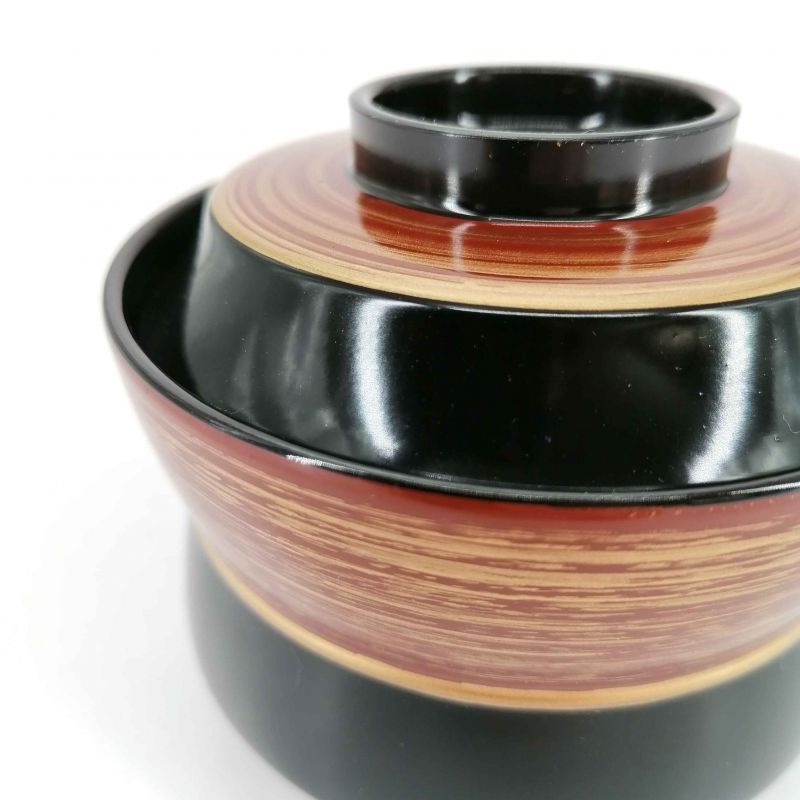 Japanese miso soup bowl in lacquered effect resin, with lid, black, golden line - GORUDENRAIN