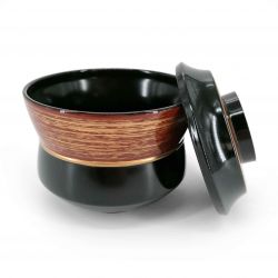 Japanese miso soup bowl in lacquered effect resin, with lid, black, golden line - GORUDENRAIN