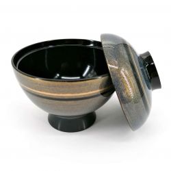 Japanese miso soup bowl in lacquered effect resin, with lid, gray black and gold - GORUDEN