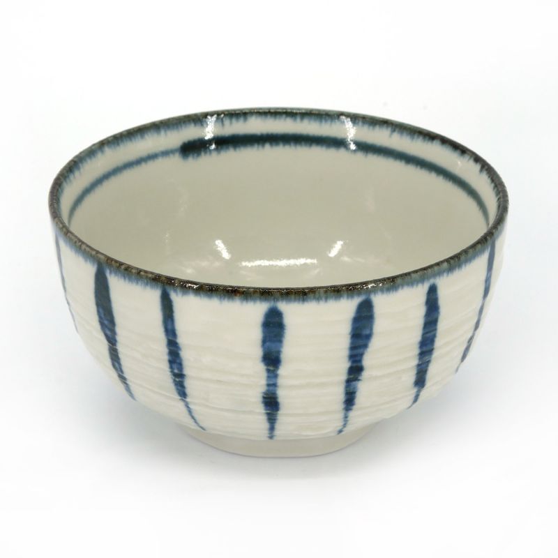 Bol de cerámica japonesa para donburi de color beige con líneas verticales azules - SUICHOKU SEN - 12,5cm