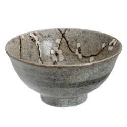 Bol à soupe japonais en céramique gris vert motif fleurs blanches - GREY SOSHUN - 16cm