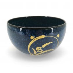 Japanese ceramic donburi bowl, blue, golden circular pattern - KOGANE NO SHIZEN