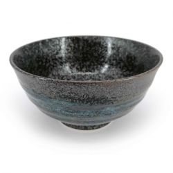 Japanese ceramic donburi bowl, black, brown blue reflections - HANTEN