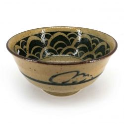 Bol japonais donburi en céramique beige et marron motif vagues noires - KURO SEIGAIHA - 17cm