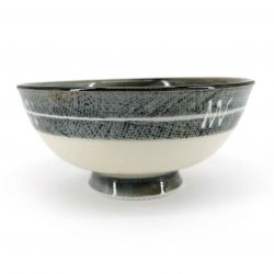 Beige Japanese rice bowl with gray border and white line - RAIN