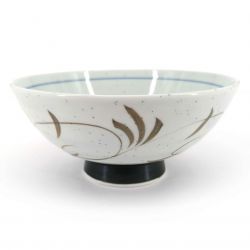 Japanese ceramic rice bowl, beige, brown arabesques - ARABESUKU