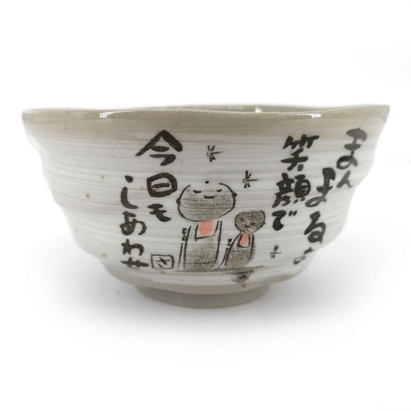 Japanese ceramic rice bowl, gray Buddhist illustrations - BUKKYOTO