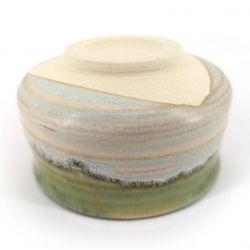 Japanese ceramic tea ceremony bowl, gray, beige, green border - KYOKAI