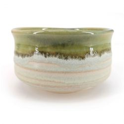 Japanese ceramic tea ceremony bowl, gray, beige, green border - KYOKAI