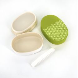 Japanese oval Bento lunch box, WAKABA ASANOHA, green + chopsticks