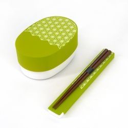 Japanese oval Bento lunch box, WAKABA ASANOHA, green + chopsticks