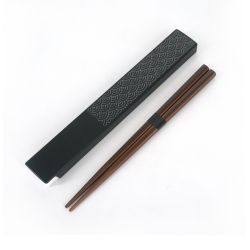 Boîte à repas Bento japonaise ovale noire motif argenté vague et sa paire de baguettes assortie, SEIGAIHA, 13.6cm