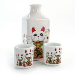 service à saké bouteille et 2 tasses, MANEKINEKO, chat