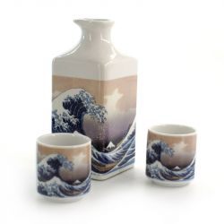 service à saké bouteille et 2 tasses, KANAGAWA URANAMI, vague