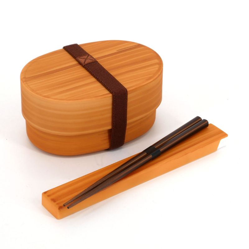 Boîte à repas Bento japonaise ovale marron couleur bois et sa paire de baguettes assortie - WAPPA - 13.6cm