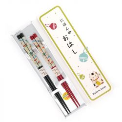 Japanese red black chopsticks set in wood TOMUSONBAKO MANEKINEKO